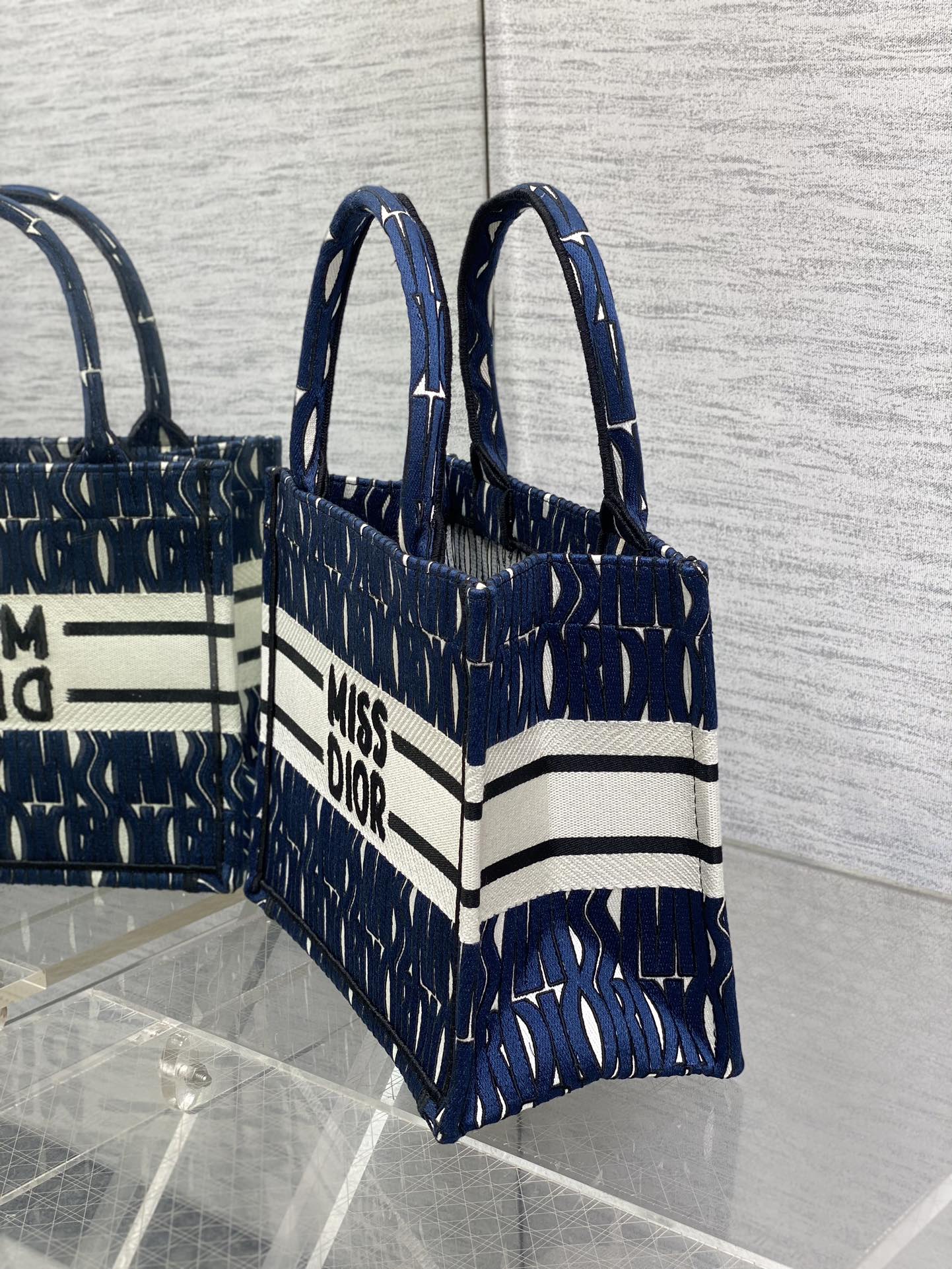 Small Dior Book Tote Bag Blue and White Miss Dior Allover Embroidery